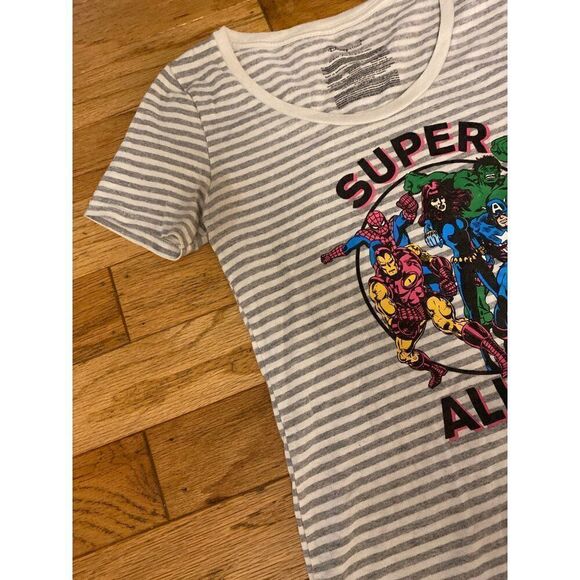 Disney Marvel Superheroes Juniors "Super All Day" Striped grey graphic T-Shirt S - Picture 3 of 8